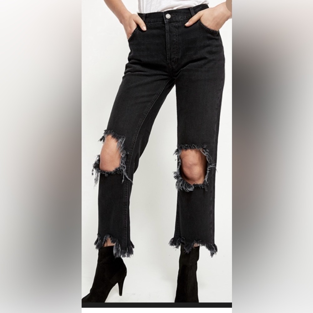 Free People Maggie Distressed Black Straight Leg Jeans Raw Hem Size 27